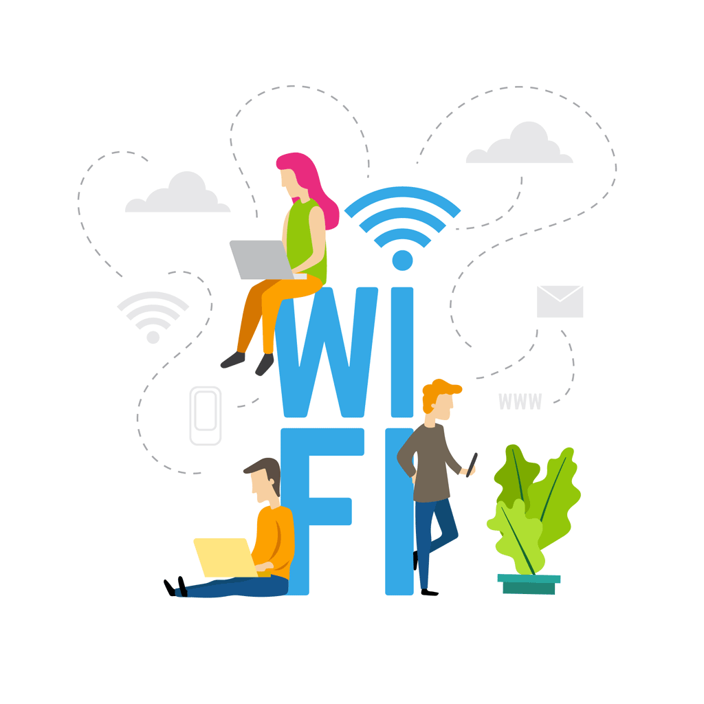 WiFi con una mujer en una computadora, un hombre con celular y otro hombre sentado con un celular